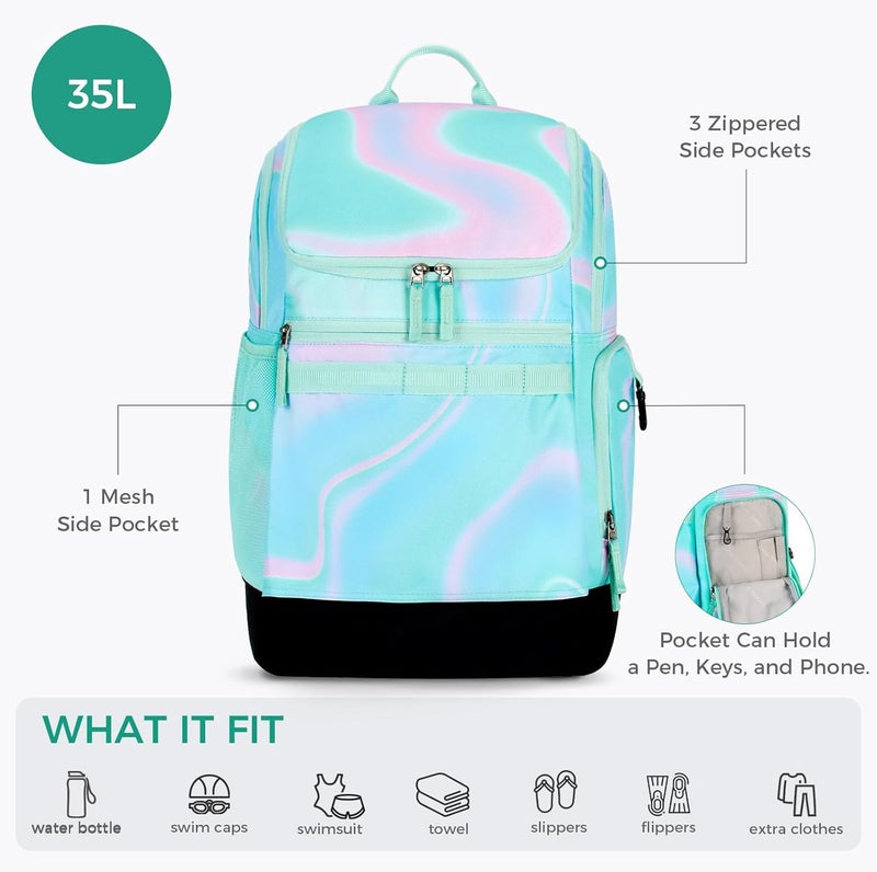 Choco Mocha Swim Backpack Girls, 35L Swimming Bag for Kids with Wet and Dry Compartments, Swim Gear Bag Fluids Teal - Image 4